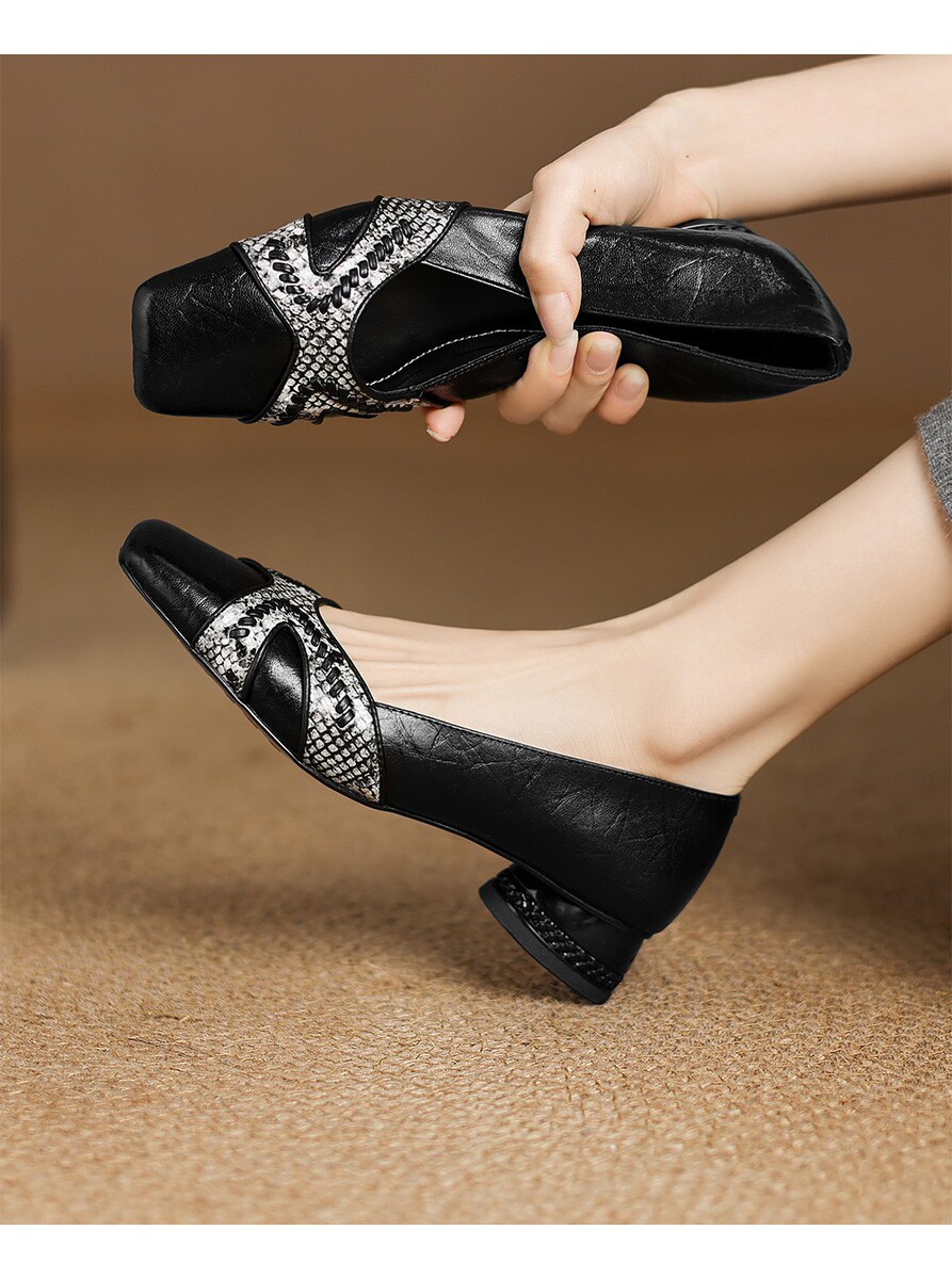 Giày bệt nữ mũi vuông gót thấp 3cm phối màu thanh lịch — đen, màu xám
