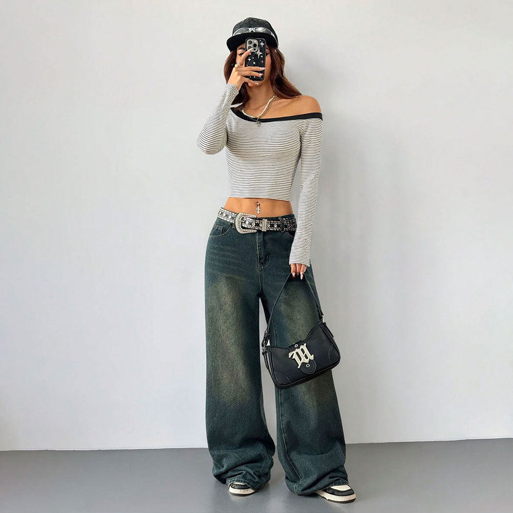 Striped Off Shoulder Long Sleeve T Shirt for Women Slim Fit Sexy Short Length Fall Layering Top Wholesale Available