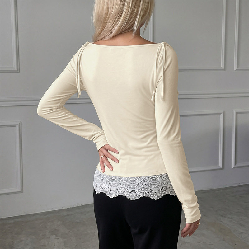 Korean Style Long Sleeve Lace Top Soft Solid Color Drawstring Neckline Casual Wear for Spring Fall Wholesale Available