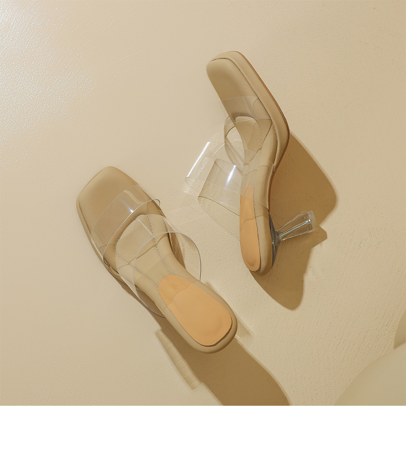 Dép sandal nữ quai ngang trong suốt gót pha lê 7cm 9cm — Bạc 7cm, Bạc 9cm, Màu trắng nhạt 9cm, Mơ 7cm