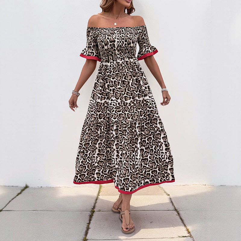 Vintage Off Shoulder Leopard Print Dress Ruffled Sleeves Elegant Style Perfect for Parties Wholesale Available