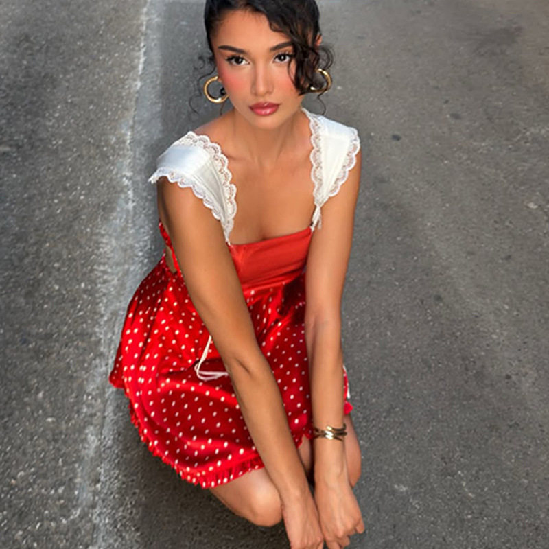 French Style Polka Dot A Line Dress Satin Feel Waist Defining Backless Lace Details Perfect for Summer Events