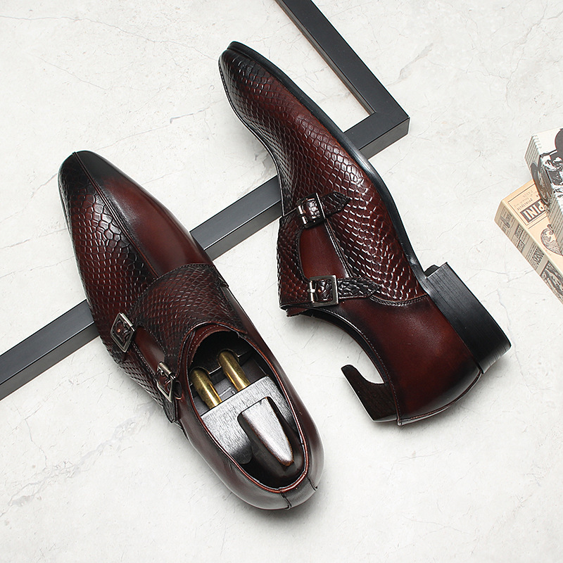 Giày da nam monk strap khóa đôi mũi nhọn da bò thật — màu đen, Màu đỏ rượu