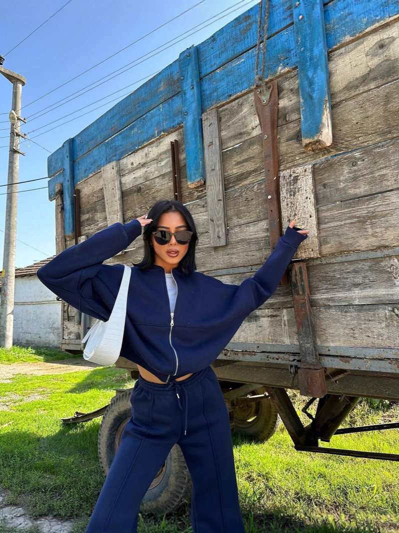 Cross-Border European and American Style Casual Suit Autumn and Winter Cardigan Sports Women's Fashion Zipper Long-Sleeved Jacket and Trousers Two-Piece Set