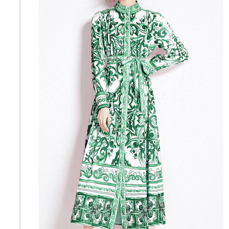 Elegant Long Floral Dress for Women Spring Collection Slim Fit Stand Collar Button Closure Perfect for Formal