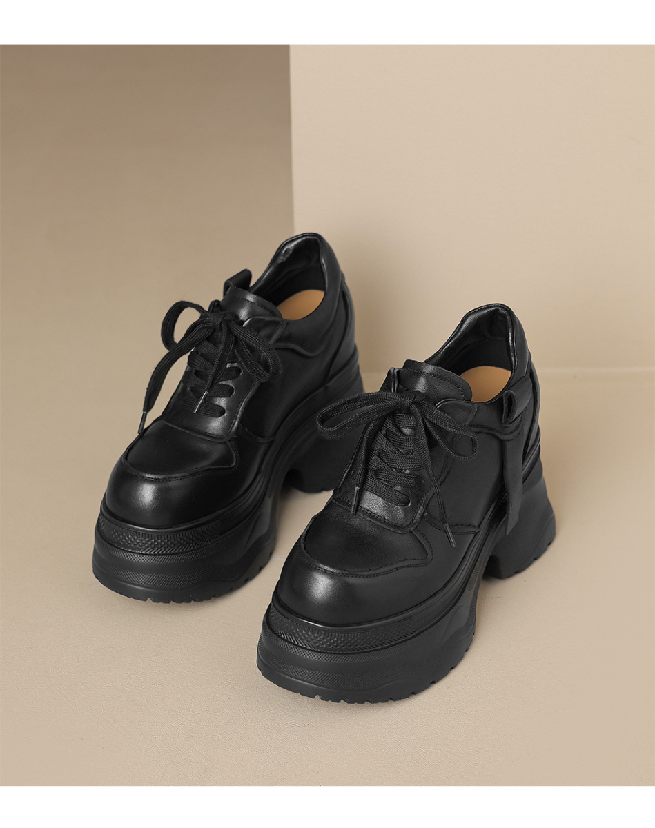 Giày sneaker nữ da bò thật đế dày tăng chiều cao 12cm dáng dad shoes buộc dây — Màu đen, Màu trắng