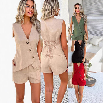 Foreign Trade 2025 Cross-Border European and American Independent Station Summer Suit Fashionable Casual V Neck Asymmetrical Vest Shorts Suit
