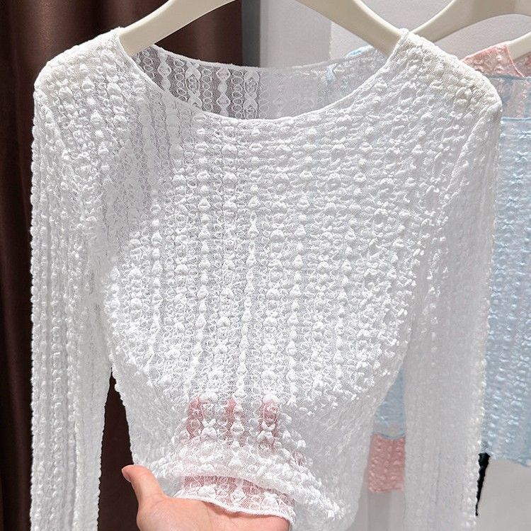 French Lace Long Sleeve T Shirt for Women Lightweight Sheer Slim Fit Round Neck Summer Layering Top Wholesale