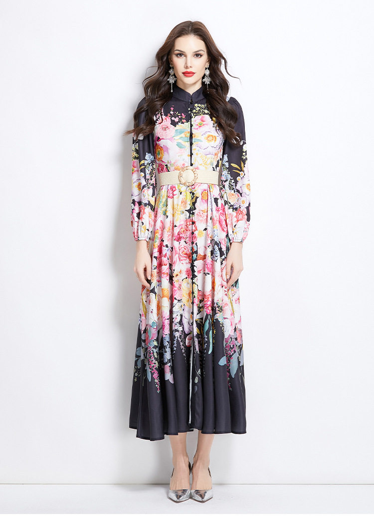 Vintage Floral Print Long Dress Stand Collar Lantern Sleeves Waist Defined Elegant Style Spring Fashion Wholesale