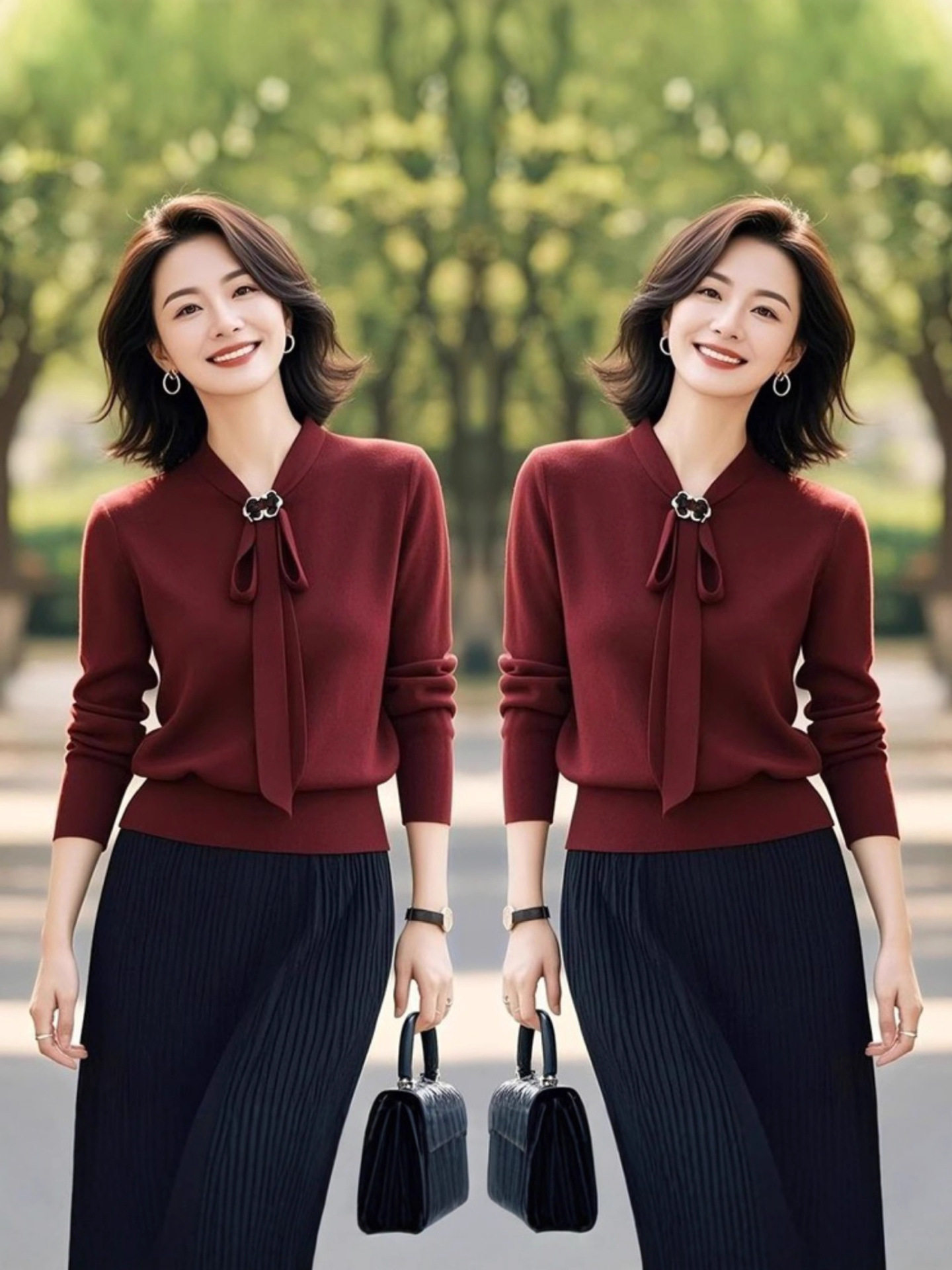 Red Lace-Up Slim Long-Sleeved Knitwear for Women in Spring and Autum New Style, Elegant and Light, Mature Style with Skirt Two-Piece Set