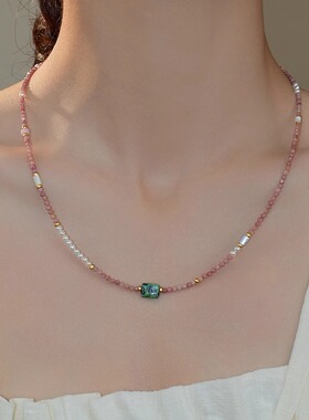 法式温柔甜美淡粉色蔷薇真石串珠淡水米粒珍珠气质叠带百搭细项链