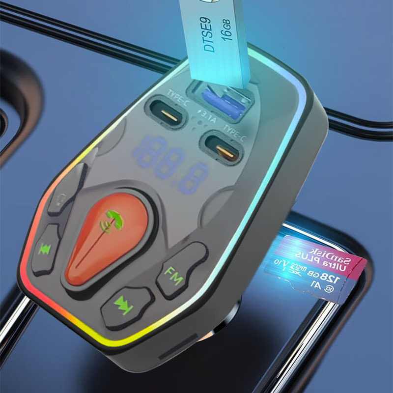 Cross-Border Ht-9 Car Bluetooth Charger Fast Charging Car Cigarette Lighter One for Two with Colorful Atmosphere Pd Fast Charging