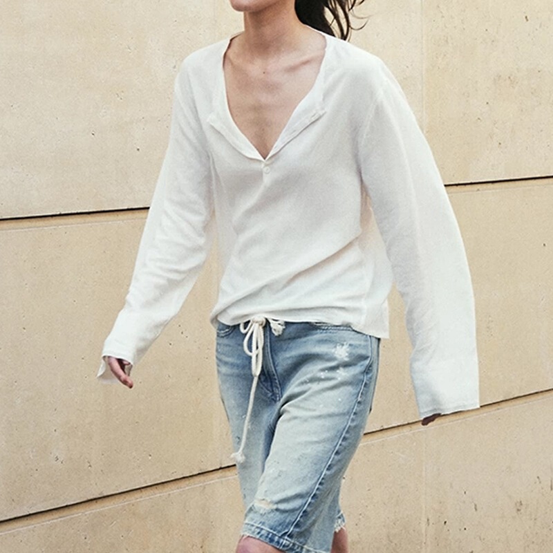Bộ đôi sơ mi nữ tay loe chất liệu cotton lanh dáng ôm phong cách tối giản — Màu trắng