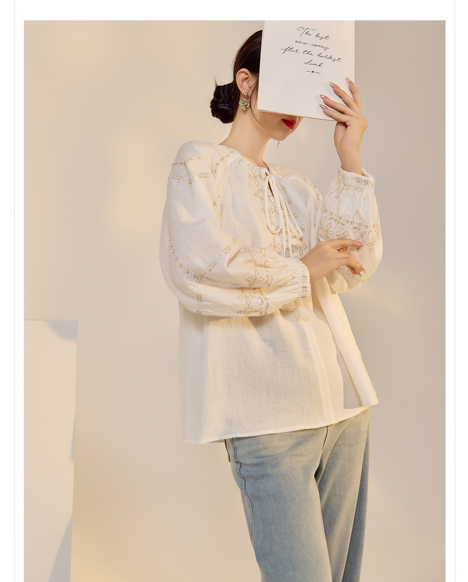 Áo sơ mi nữ linen dài tay thêu họa tiết dáng rộng — Màu trắng be, Màu xanh đậm, Màu xanh lam nhạt