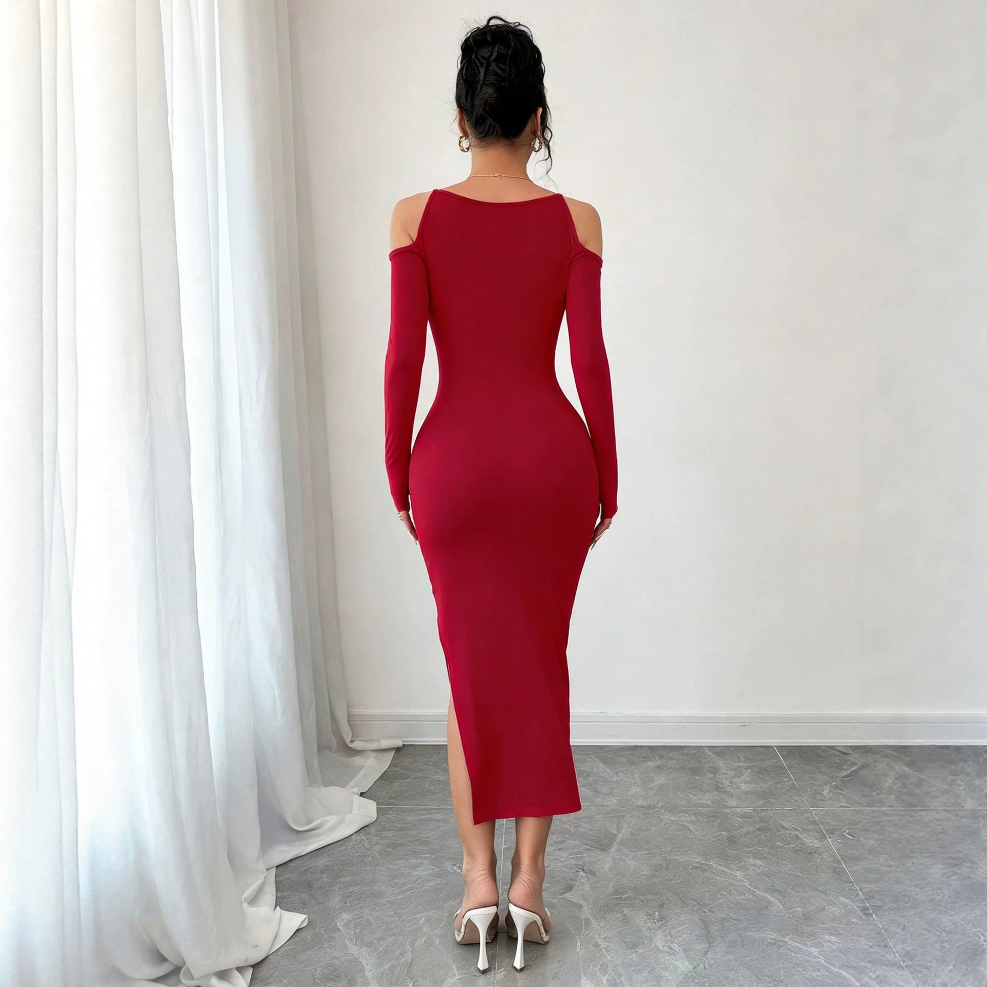 Off Shoulder Bodycon Dress Slim Fit Long Sleeve High Split Elegant Style Perfect for Parties and Formal Events