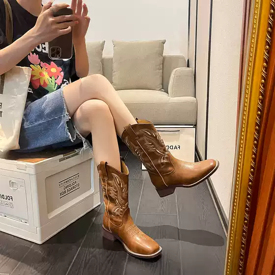 Vintage Embroidered V Martin Boots Women's Summer Brown Thick Heel Boots Red Rider Boots Short Boots Western Cowboy Boots 34-44