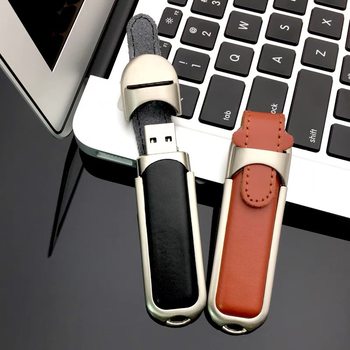 Factory wholesale leather U disk rotating leather metal lettering creative cover 64g enterprise exhibition gift Logo