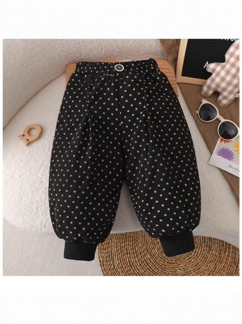 Girls' New Autumn & Winter Pants, Polka Dot Korean Style Floral Three-Layer Padded Trousers, Versatile Baby Cuffed Casual Long Pants