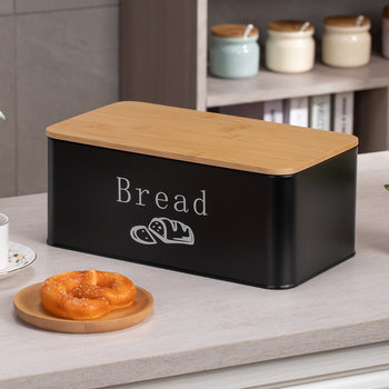 Cross-border Simple Home Bamboo Lid Storage Jar Kitchen Baking Products Breathable Storage Box Matte Black Metal Bread Box