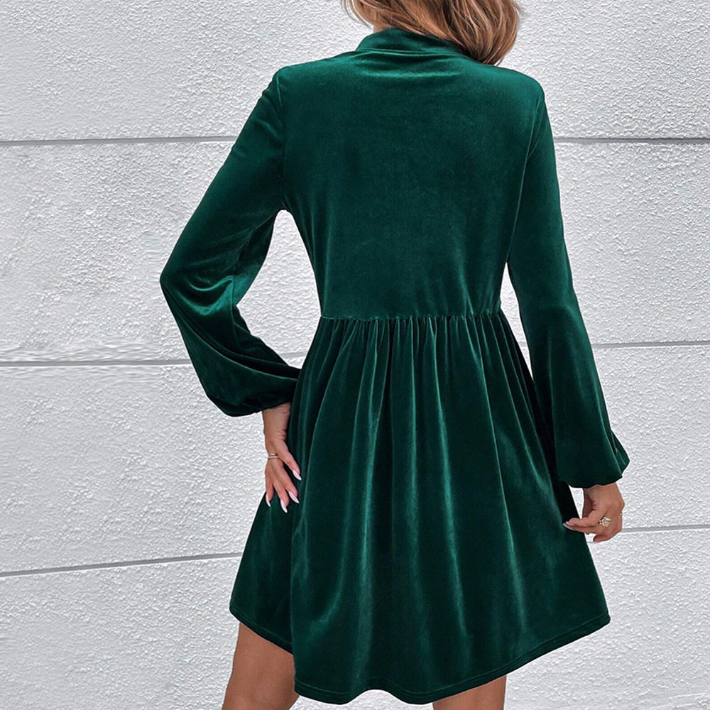 Velvet Long Sleeve Dress Waist Cinching Flared Skirt Puff Sleeves Fall Winter Fashion for Women Wholesale Available