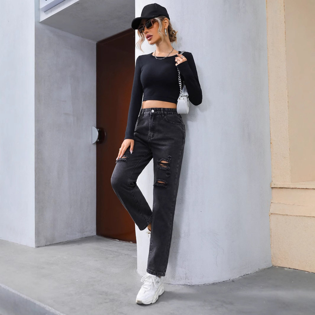 Slim Fit Ripped Straight Leg Jeans Womens Casual Denim Trousers Trendy for Everyday Wear Ready to Ship