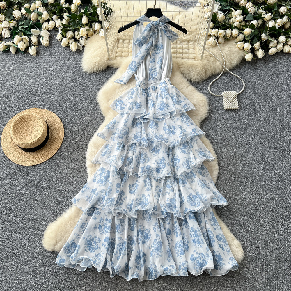Floral Print V Neck Halter Dress Sleeveless Ruffle Hem Slim Fit Summer Casual Wear for Women Wholesale Available