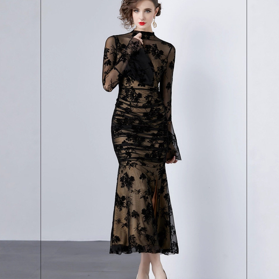 Vintage Floral Print Bodycon Mermaid Dress Sheer Mesh Flared Sleeves Sexy Split Evening Wear Cocktail Party