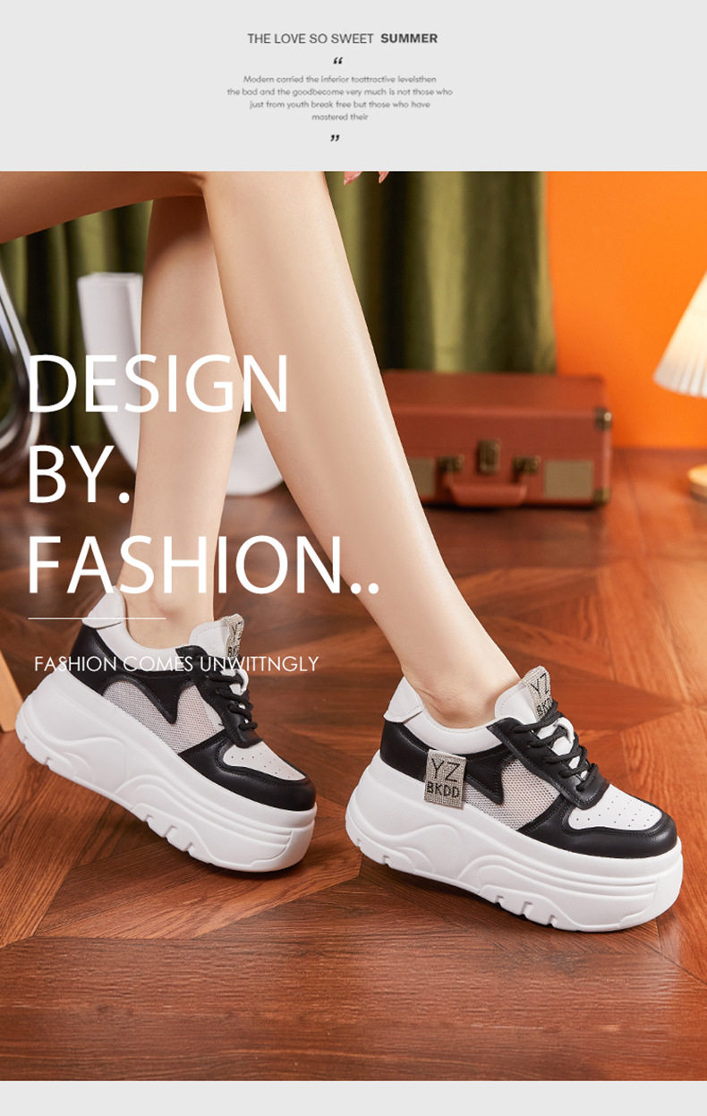 Giày sneaker nữ chunky đế dày lưới thoáng khí phong cách đường phố — Trắng, Trắng, đen chi tiết 9