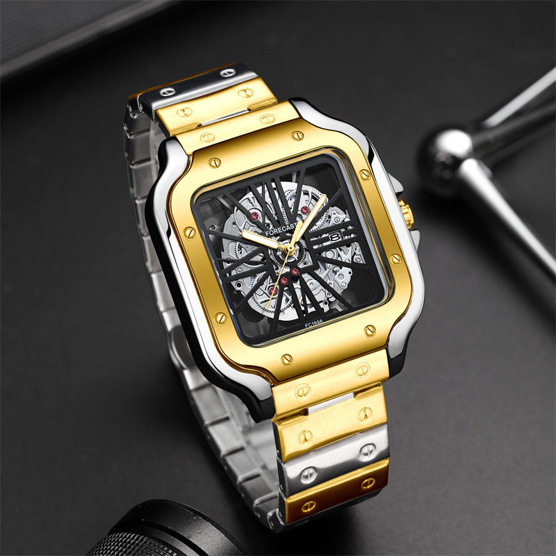 Men's Fashionable Waterproof Quartz Watch Tiktok Live Broadcast Light Luxury Hollow Non-Mechanical Square Steel Band Watch Large Dial