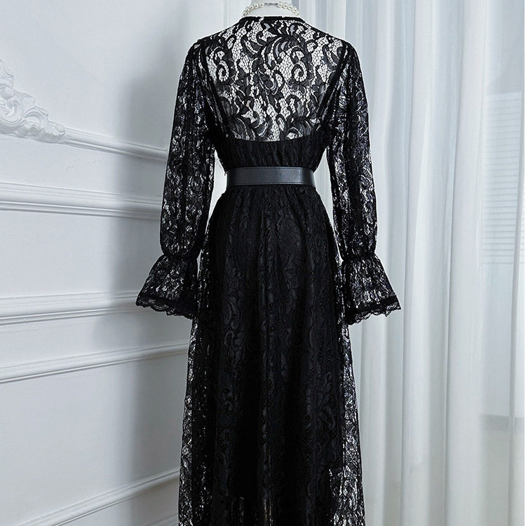 Elegant Lace V Neck Dress French Chic Waist Tie Pleated Skirt Long Sleeve Perfect for Autumn Events Wholesale