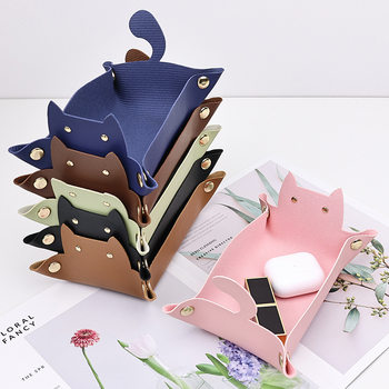 Creative Leather Storage Box Cute Cat Ins Style Entrance Key Storage Tray Desktop Sundry Jewelry Storage Box