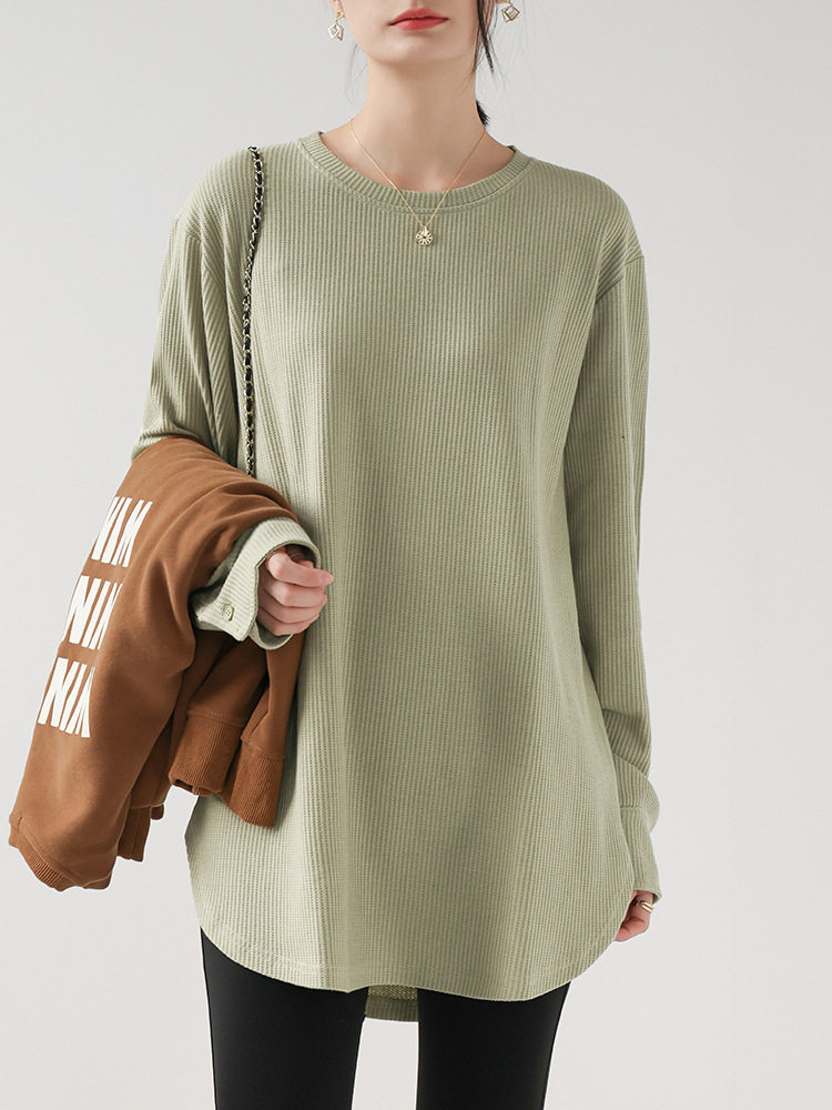 Waffle Butt-Covering Long-Sleeved T-Shirt for Women in Spring & Fall, Pregnant Women's Inner Arc Top, Mid-Length Loose Bottoming Shirt