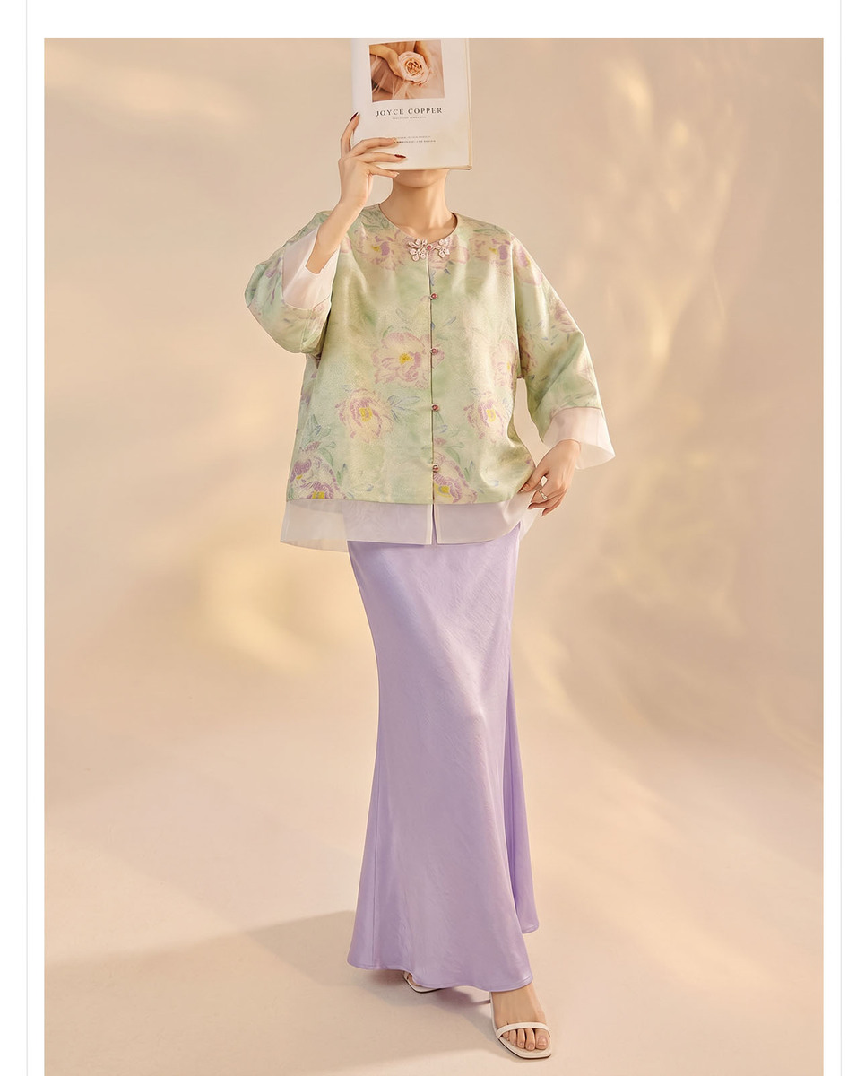 Bộ áo khoác dệt jacquard dáng dài tay kèm chân váy dài nữ tính — Chân váy màu tím, Xuân Huy Lục, Bộ