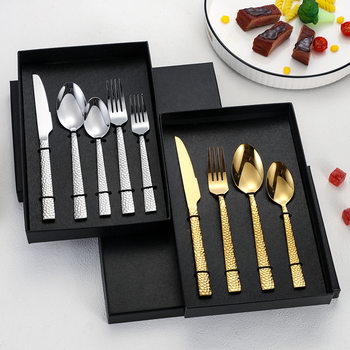 Cross-Border 430 Hammered Stainless Steel Western Tableware Knife, Fork and Spoon 5-Piece Set Square Handle Thickeneded Western Steak Knife, Fork and Spoon