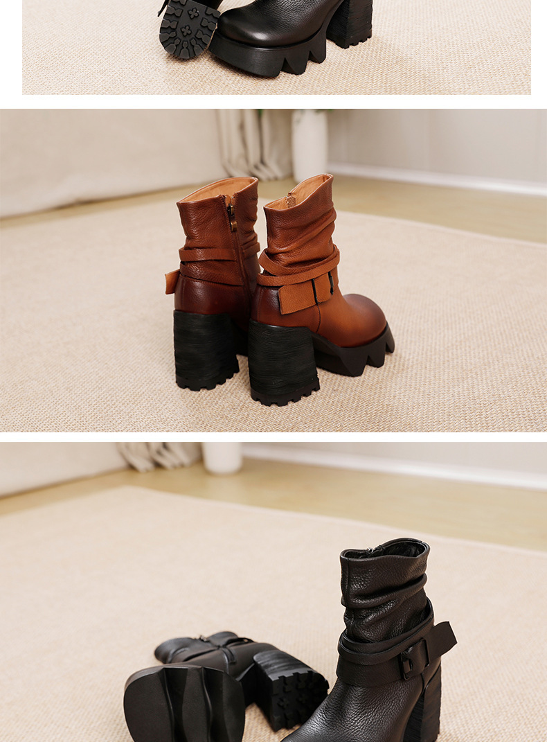 Boot nữ da bò thật gót thô cao cổ ôm bắp chân khóa kéo bên — Màu đen, Màu nâu đậm