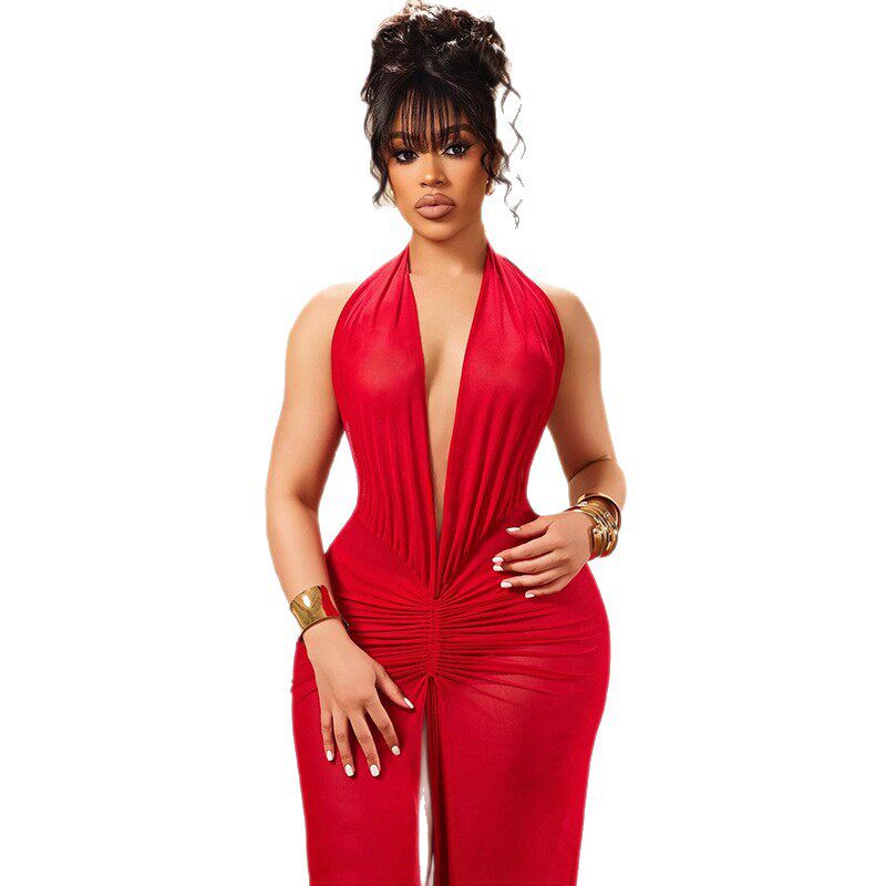 Elegant Womens Bodycon Dress Solid Color Deep V Neck Backless Ruched Design Perfect for Parties and Events OEM