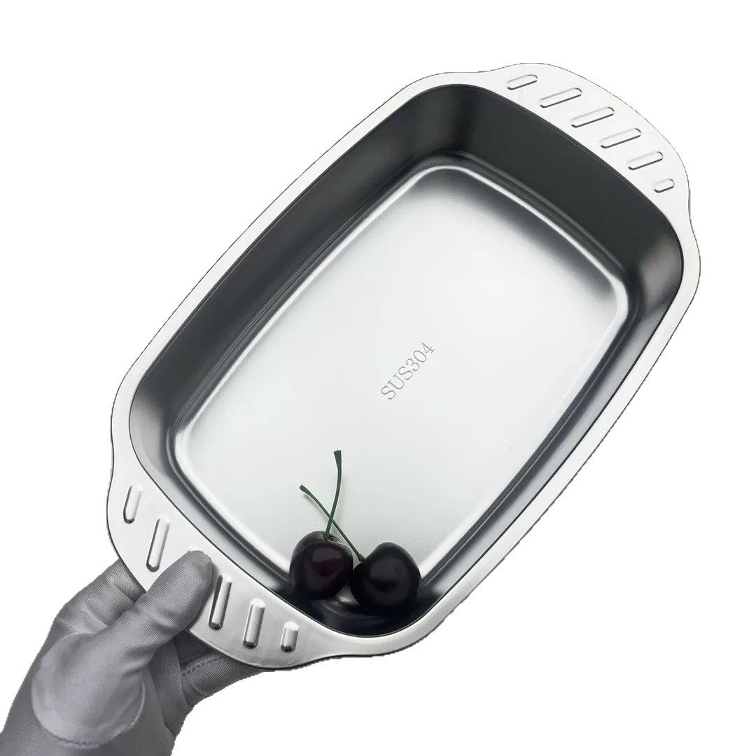 Square household stainless steel grilled fish plate deep plate binaural anti-scald induction cooker commercial thickened tray grilled fish plate