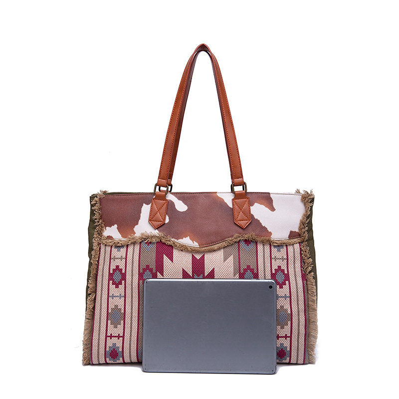 Túi Tote Nữ Vải Canvas Cotton Họa Tiết Bohemian Vintage Đeo Vai, Đeo Chéo, Xách Tay Màu Nâu, Xanh, Đỏ, Be chi tiết 14