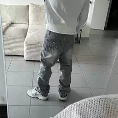 Cross-Border European and American Retro Washed Distressed Jeans for Men and Women Autumn and Winter Street Black and Gray Patch Straight Trousers Wholesale
