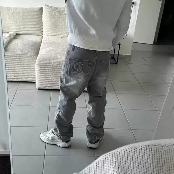 Cross-Border European and American Retro Washed Distressed Jeans for Men and Women Autumn and Winter Street Black and Gray Patch Straight Trousers Wholesale