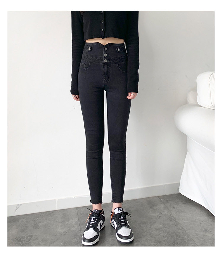 High Waisted Womens Jeans Korean Style Distressed Hem Slim Fit Spring Fashion for Students Wholesale Available