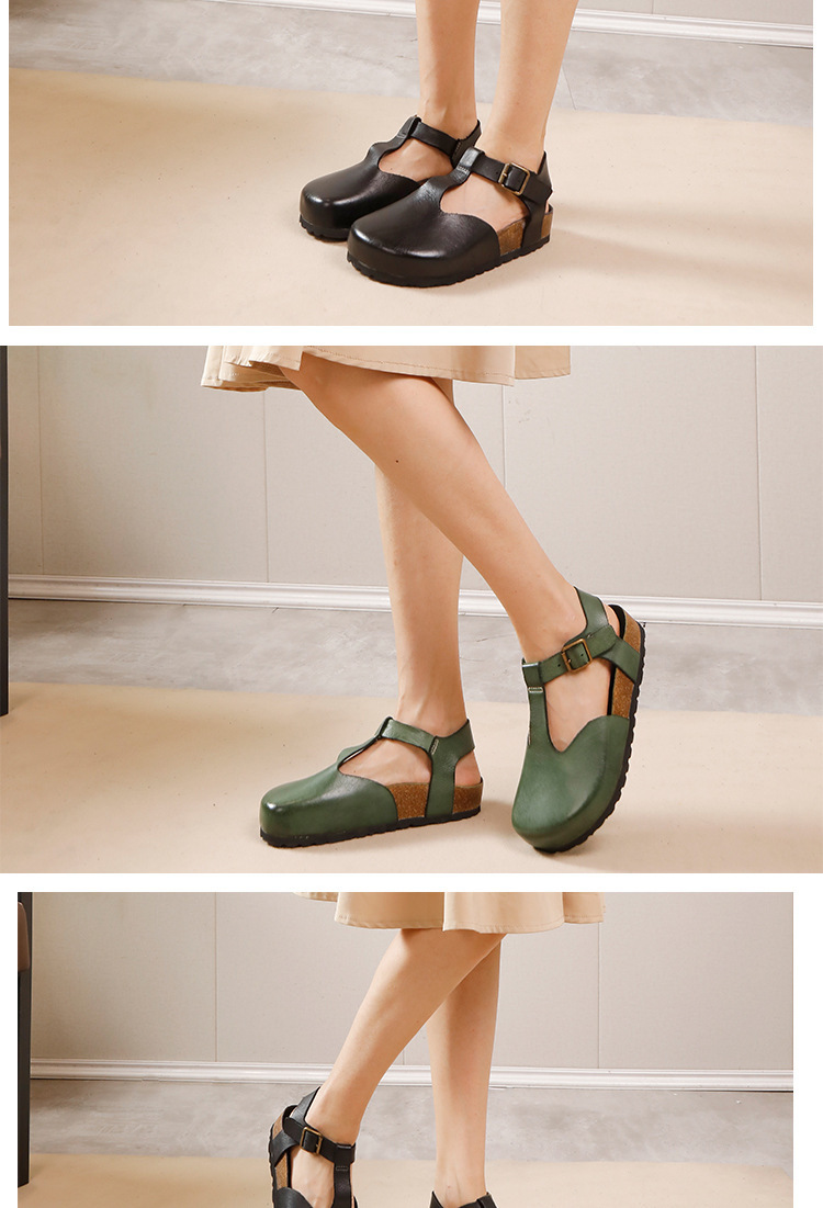 Sandal nữ quai ngang da bò thật phong cách cổ điển, đế bằng êm chân — Màu đen, Màu xanh lá