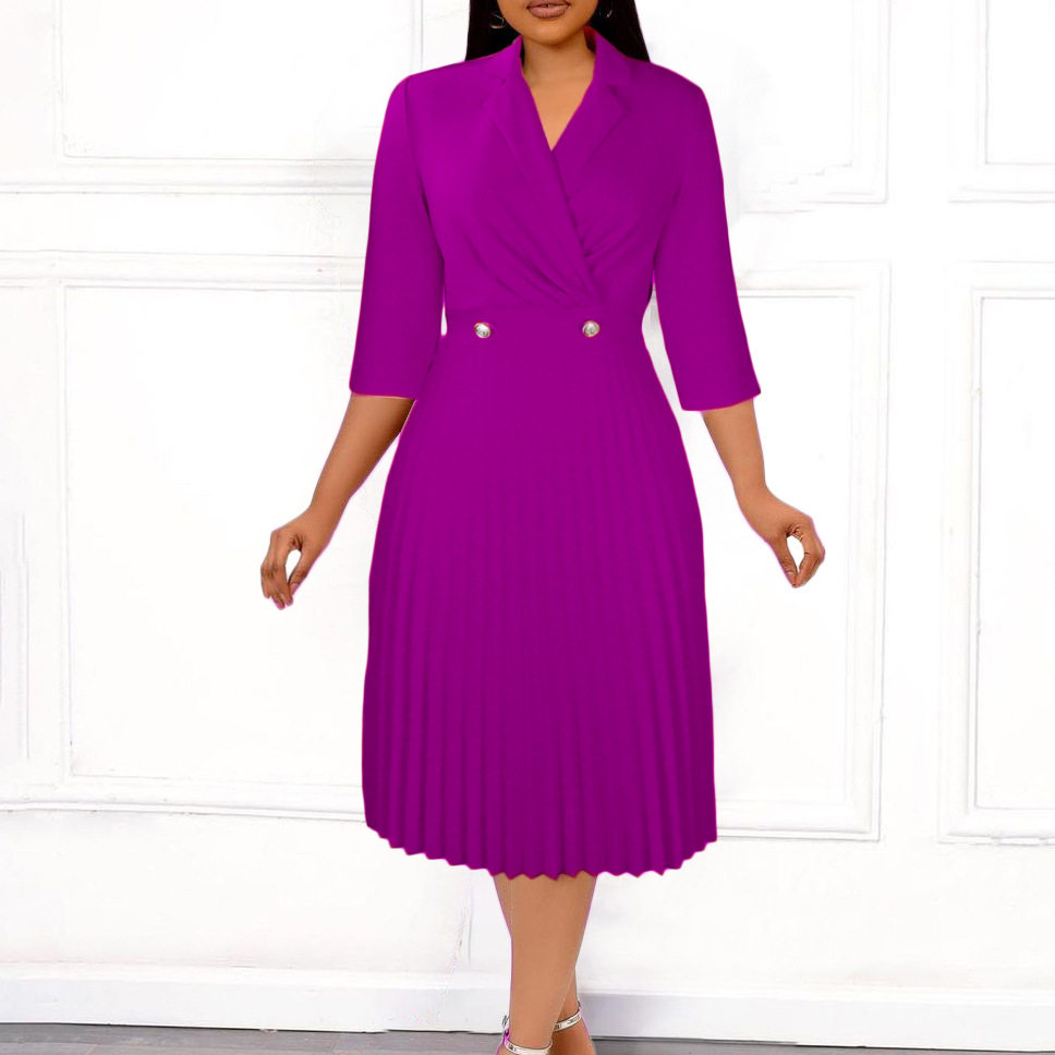 Elegant Womens Dress Solid Color Pleated Design Suit Collar Autumn Fashion for Casual or Formal Occasions