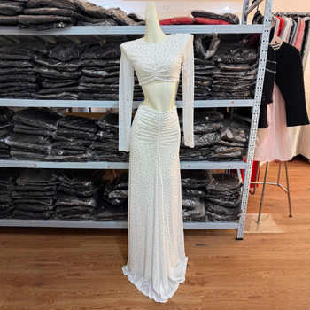 High-End Foreign Trade Women's Sparkling Hot Diamond Green Suit High-Waisted Slim Sexy Long Skirt Two-Piece White Suit Dress