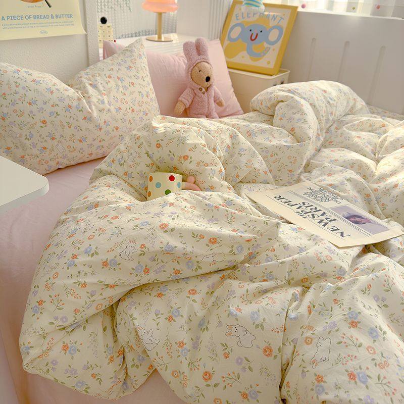 Class a Cartoon Washed Cotton Super Soft Bed Four-Piece Set Ins Cute Student Dormitory Three-Piece Set Bed Bed Sheets Quilt Cover Bed Bed Sheets