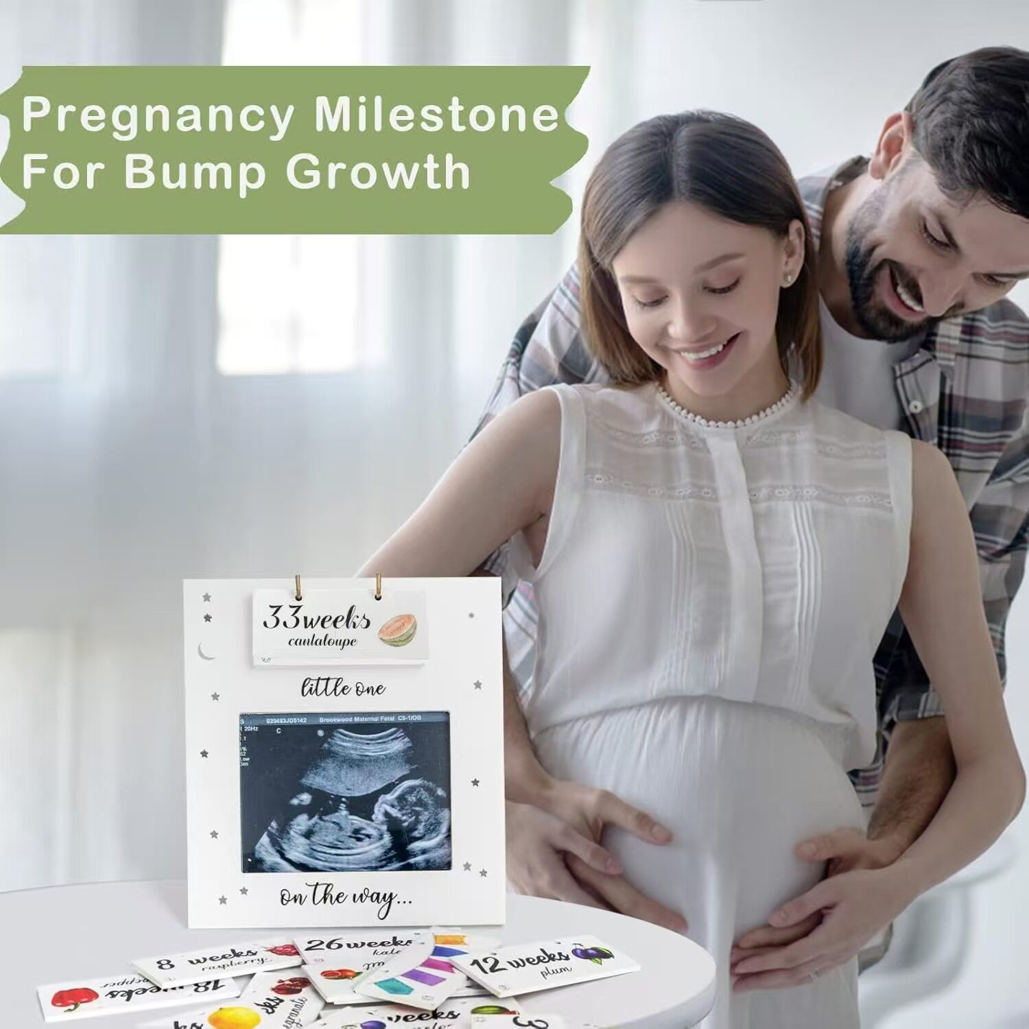 Cross-Border Ultrasonic Wooden Photo Frame with 17 Reversible Wooden Fruit Number Tags for Birth Countdown for Newborns