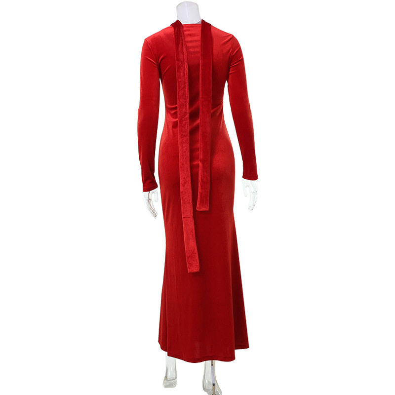 Red Long Sleeve Dress with Neck Scarf Elegant Fit Hepburn Style Perfect for Autumn and Winter Events Wholesale