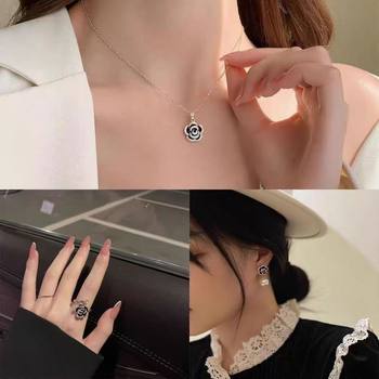 Black Camellia Suit Women's High-End Accessible Luxury Niche Autumn and Winter Necklace Women's Rose Clavicle Chain Three-Piece Set