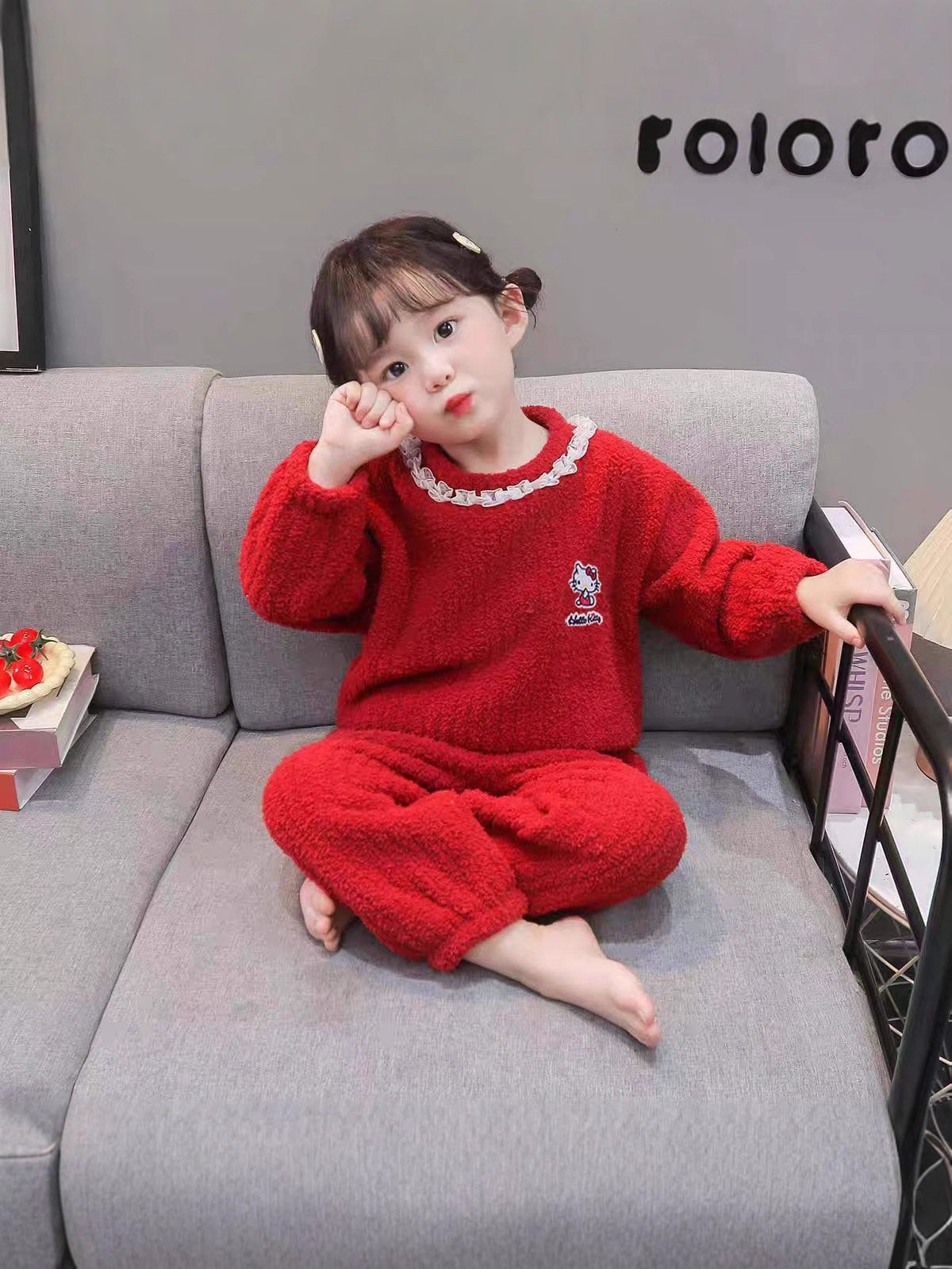 Set pigiama volant pizzo mezza pile bambine nuova inverno e autunno, pile corallo loungewear bambini