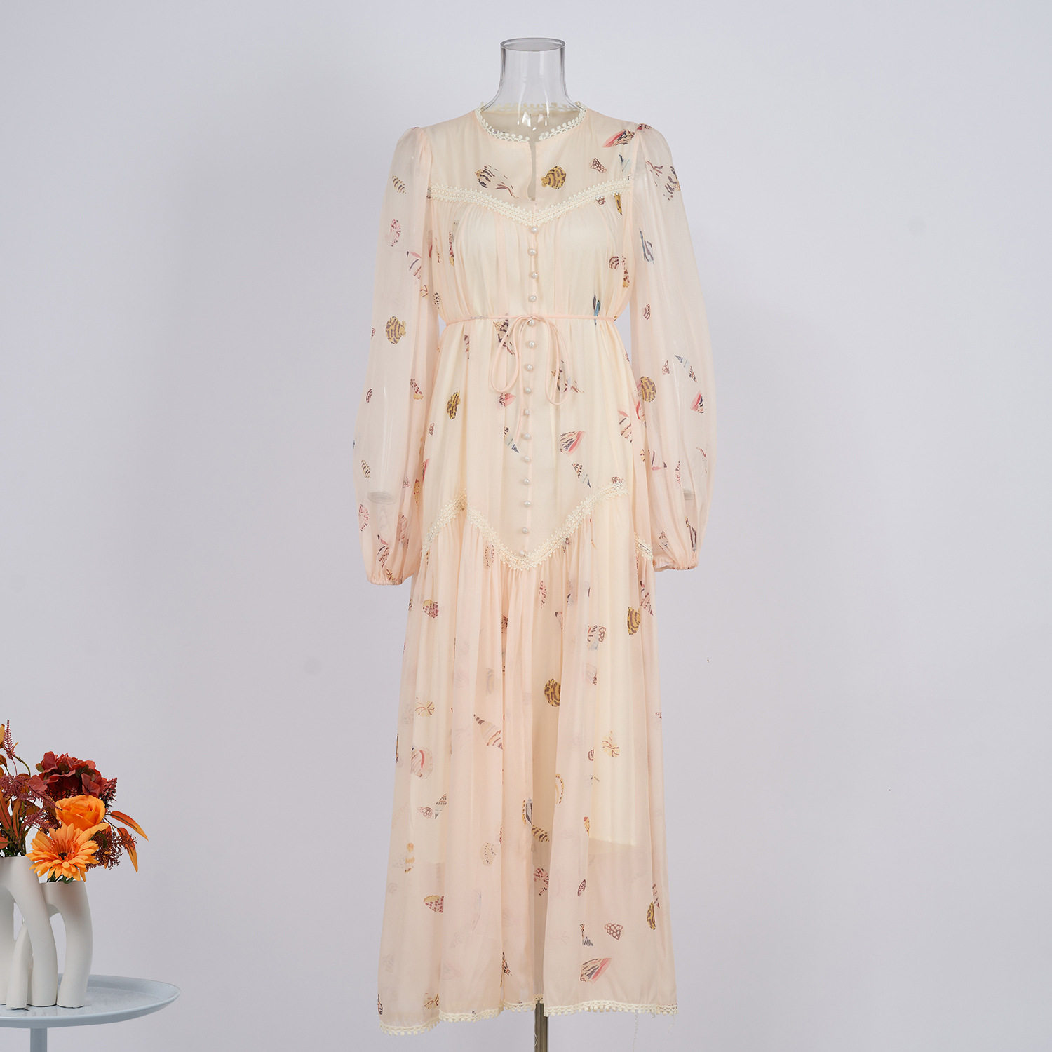 Vintage French Style Lace Trimmed Dress Elegant Waist Tie Lantern Sleeves Floral Print Perfect for Formal Events